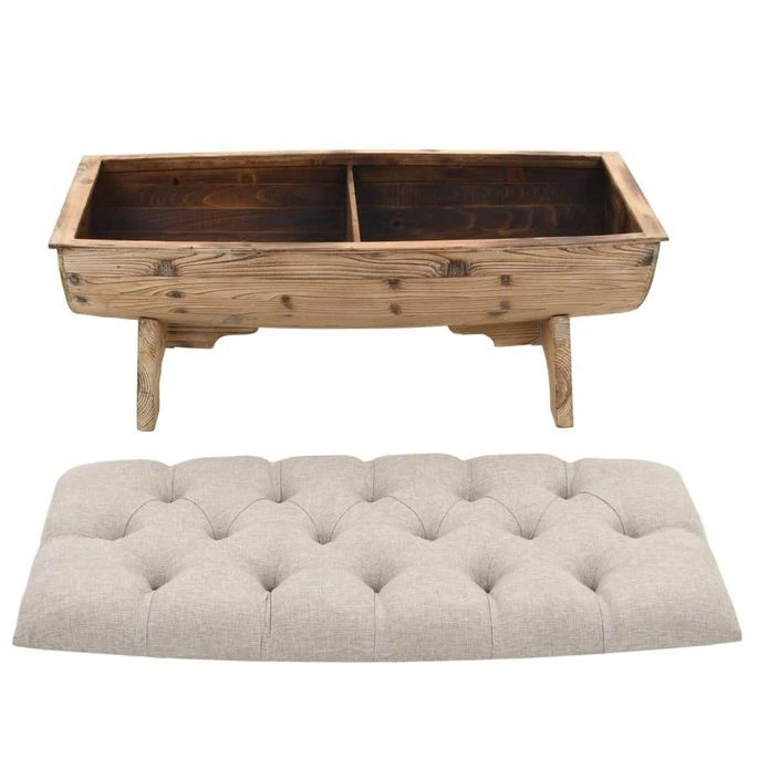 Banc Avec Rangement En Forme De Tonneau Bois De Sapin Et Tissu Crème Vinto 2 Banc Avec Rangement En Forme De Tonneau Bois De Sapin Et Tissu Crème Vinto – Image 2
