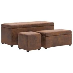 Bancs Avec Repose-pieds 3 Pcs Marron Similicuir Daim