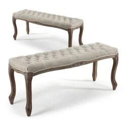 Banquette Capitonnée Bois Et Tissu Beige Louis XVI - Lot De 2