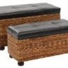 Banquette Coffre Capitonné Jacinthe D'eau Et Similicuir Noir Pieds Bois Massif Foncé Kiva - Lot De 2