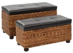 Banquette Coffre Capitonné Jacinthe D'eau Et Similicuir Noir Pieds Bois Massif Foncé Kiva - Lot De 2