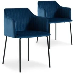 Chaise Avec Accoudoirs Velours Bleu Et Pieds Métal Noir Uda - Lot De 2
