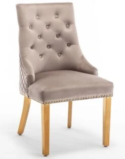 Chaise Capitonnée Velours Moka Avec Anneau Au Dos Et Pieds Métal Doré Royal - Lot De 2