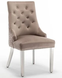 Chaise Capitonnée Velours Moka Clouté Et Pieds Métal Chromé Elena - Lot De 2