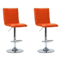 Chaise De Bar Simili Cuir Orange Et Métal Chromé Rand - Lot De 2