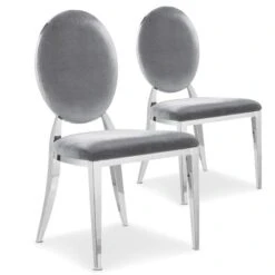 Chaise Médaillon Velours Argent Pieds Métal Louis XVI - Lot De 2