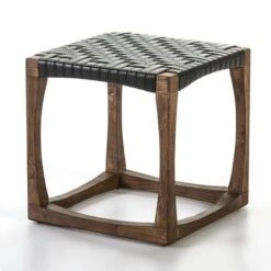 Tabouret Bas Bois Massif Foncé Et Assise Cuir Feriu