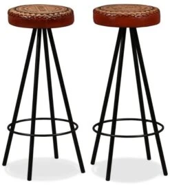 Tabouret Cuir Marron Imprimé Et Pieds Métal Noir Eal - Lot De 2