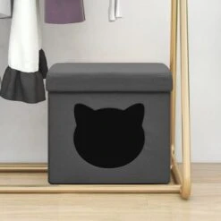 Tabouret De Rangement Pliable Et Motif De Chat Gris Foncé Tissu