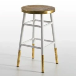 Tabouret Rond Métal Doré Et Blanc