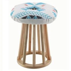 Tabouret Rond Tissu Bleu Et Pieds Bouleau Massif Clair Exan